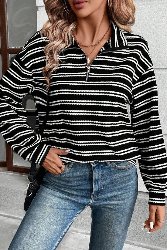 Black Striped Textured Zip Neck Long Sleeve Top