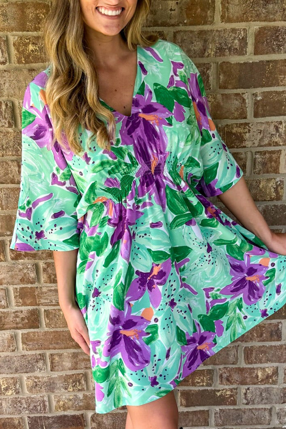 Green Floral V-Neck Half Sleeve Mini Dress with Ruched Waist