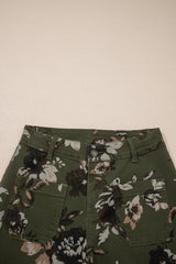 Jean droit vintage à imprimé floral avec poche plaquée carrée et ourlet brut vert
