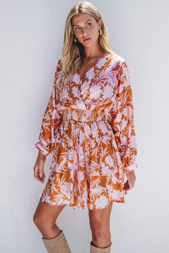 Brown floral overlay dress with puff sleeves and smocked waist