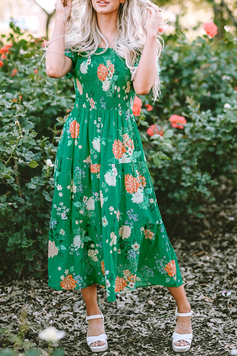 Green Floral Print Bubble Sleeve Smocked Tiered Midi Dress