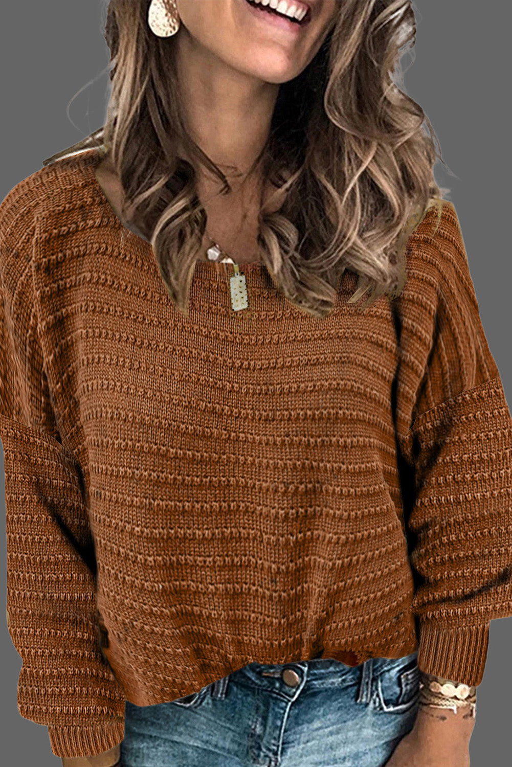 Brown Batwing Sleeve Textured Knit Crew Neck Sweater