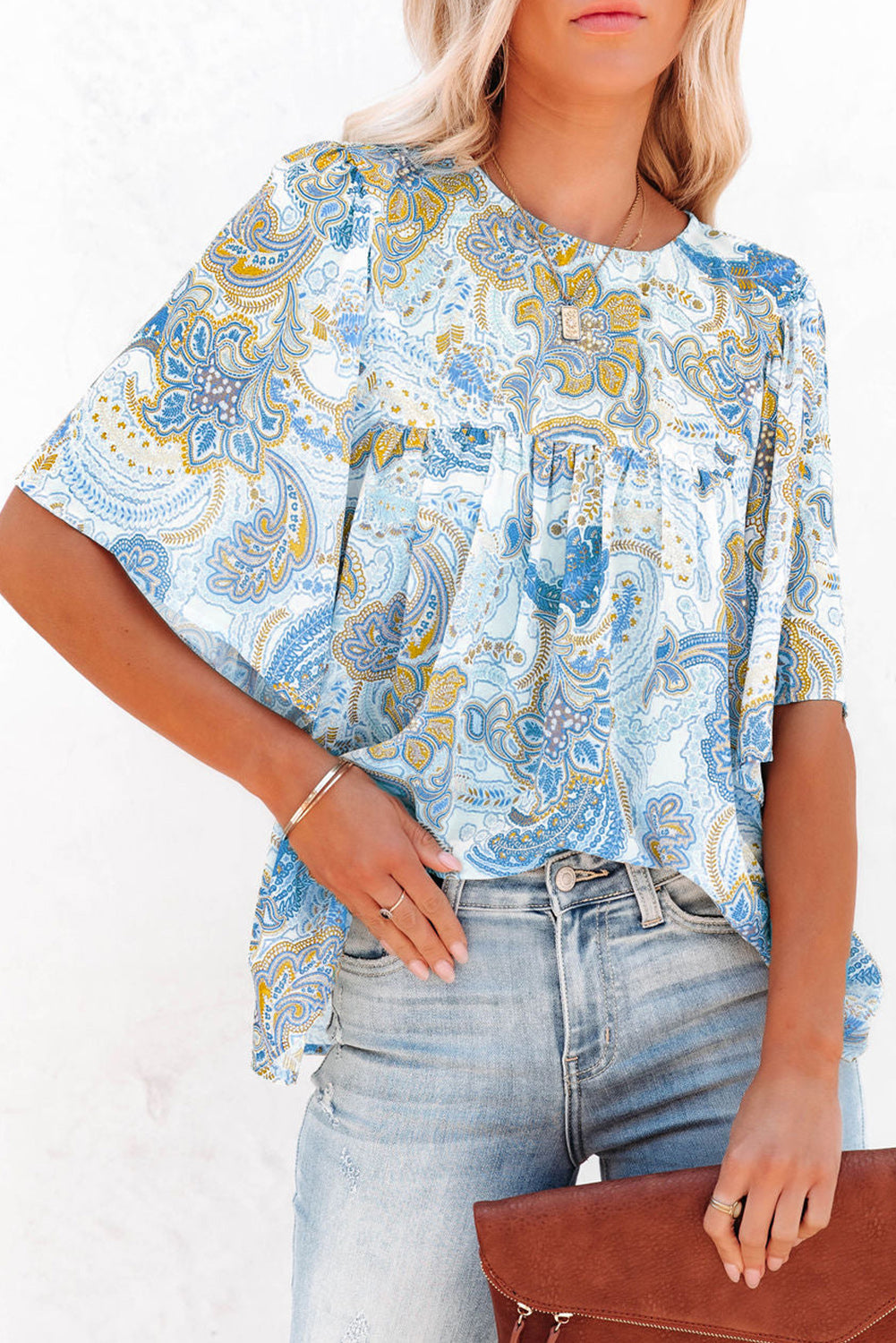 Sky Blue Paisley drucken breite Ärmel lose Bluse