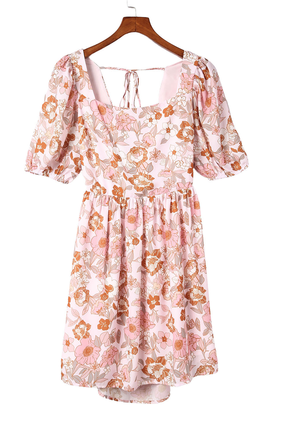 Blanc Floral Print Bow Not Backless Square Neck Mini robe