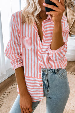 Long -sleeved and pink striped casual shirt