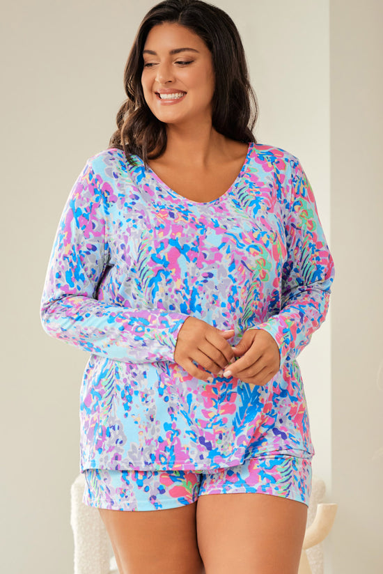 Plus Size Sky Blue Floral Print Long Sleeve Loungewear and Shorts