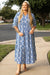 Long dress with geometric print laces and notched collar, large size, sky blue