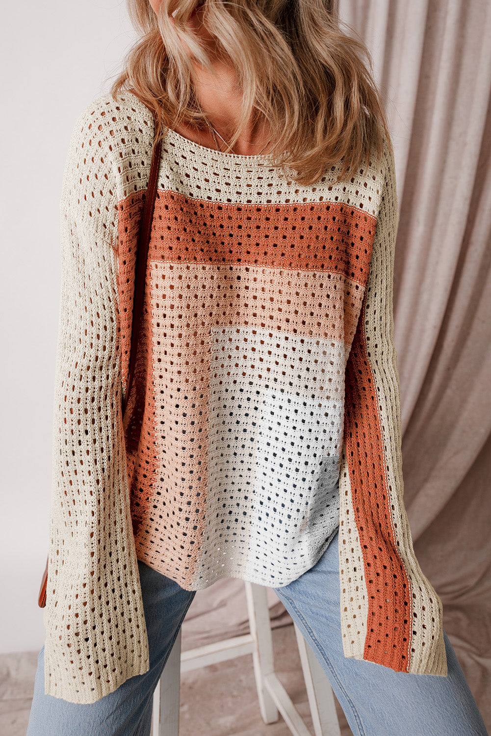 Apricot Pointelle Knit Colorblock Sweater Haggy