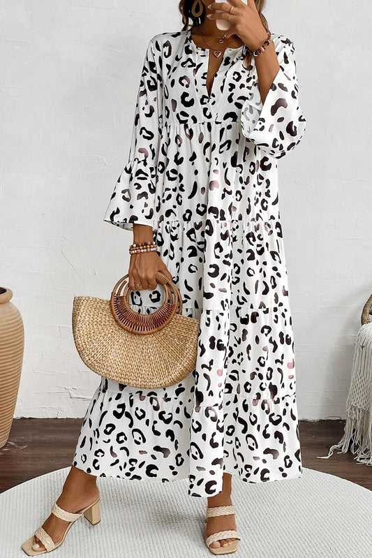 Vestido maxi de muesca de estampado de leopardo blanco V