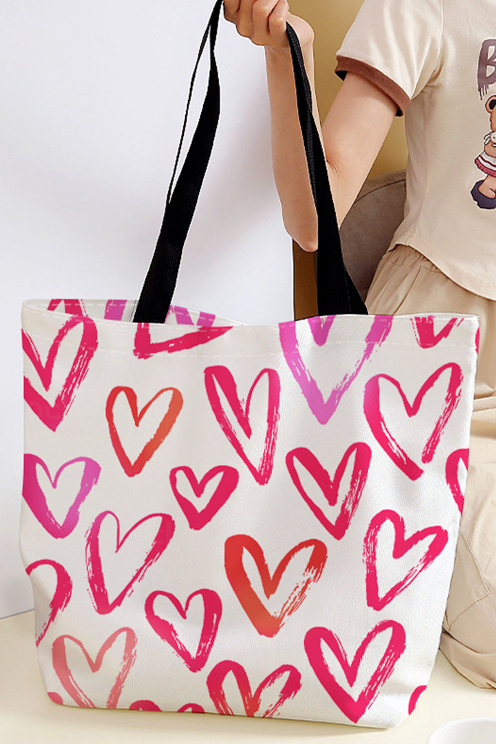 Grand sac cabas rose vif en toile à imprimé cœurs