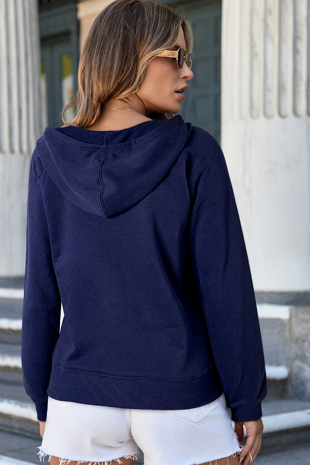 Sweat à capuche zippé doublé de polaire de couleur unie bleu marine