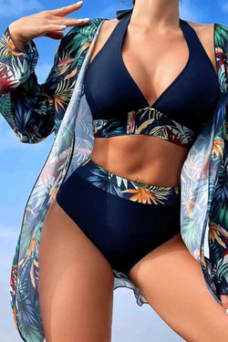 Ensemble de bikini dos nu à bordure contrastée tropicale bleu marine 3 pièces avec Cove up-A WOMAN WE LOVE