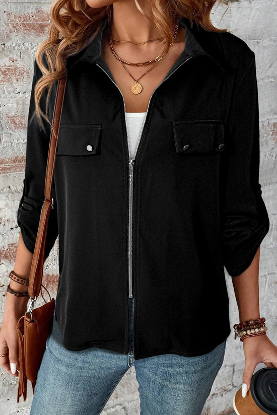 Black and sleeve black jacket with zipper and flap