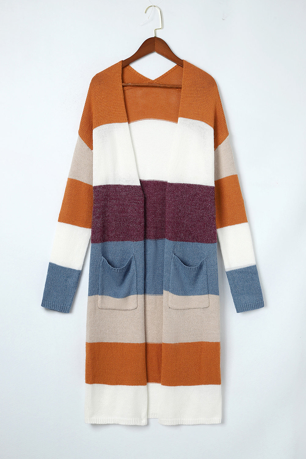 Multicolor Color Block Open Front Long Knit Cardigan