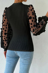 Chemisier en tricot texturé noir à manches en maille avec appliques florales-A WOMAN WE LOVE