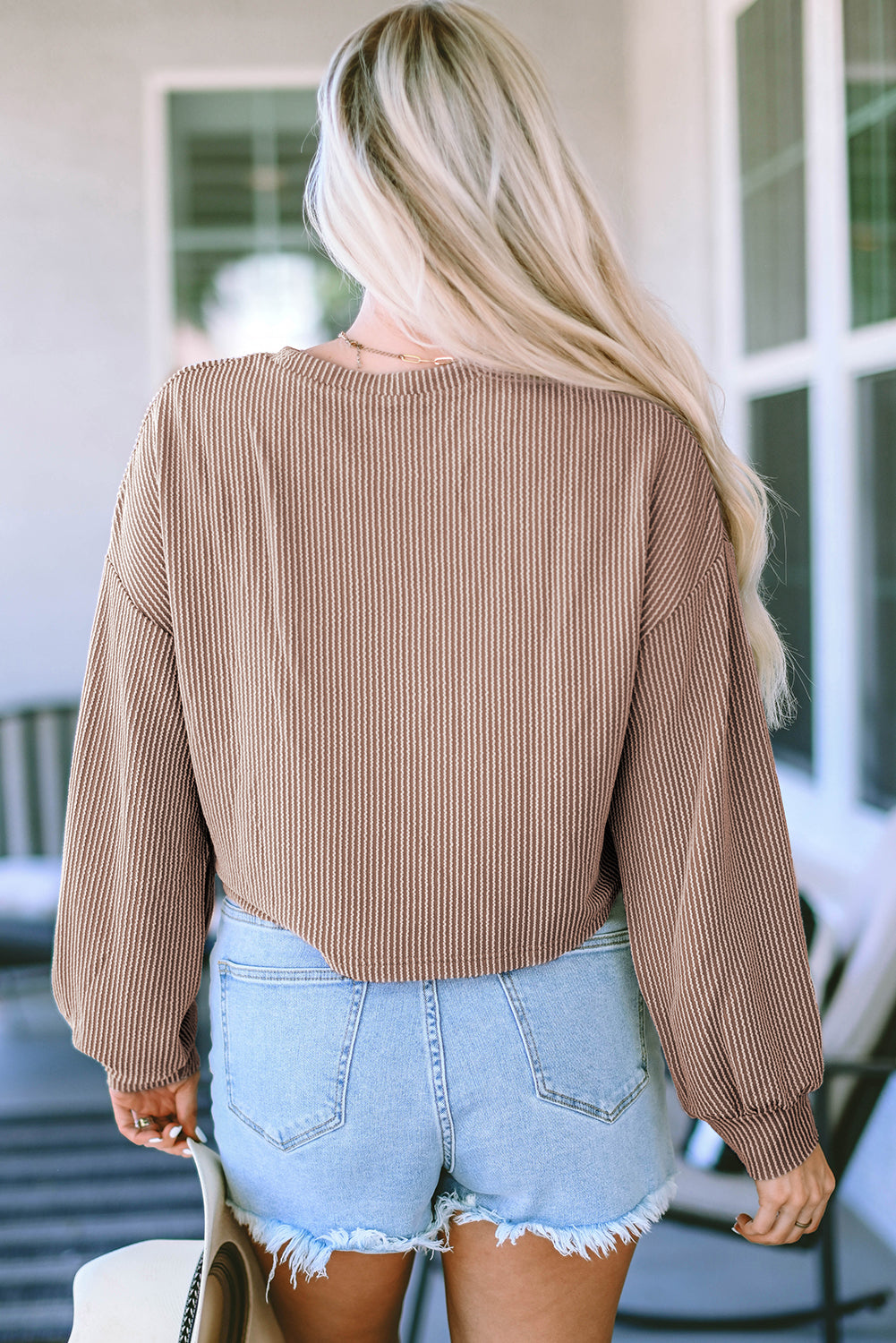 Khaki Cording Drop Schulterpuffhülle Casual Long Sleeve Top