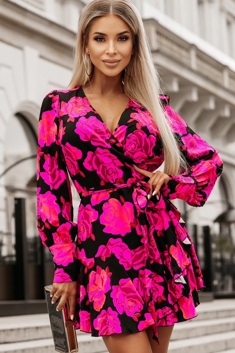 Pink Floral Print V-Neck Bishop Sleeve Ruffle Wrap Mini Dress
