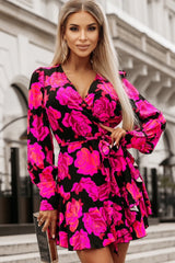 Pink Floral Print V-Neck Bishop Sleeve Ruffle Wrap Mini Dress