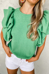 Blouse verte en tricot côtelé à manches bouffantes à volants-A WOMAN WE LOVE