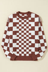 Brown sweater with round neck and dropped shoulders in a plaid print