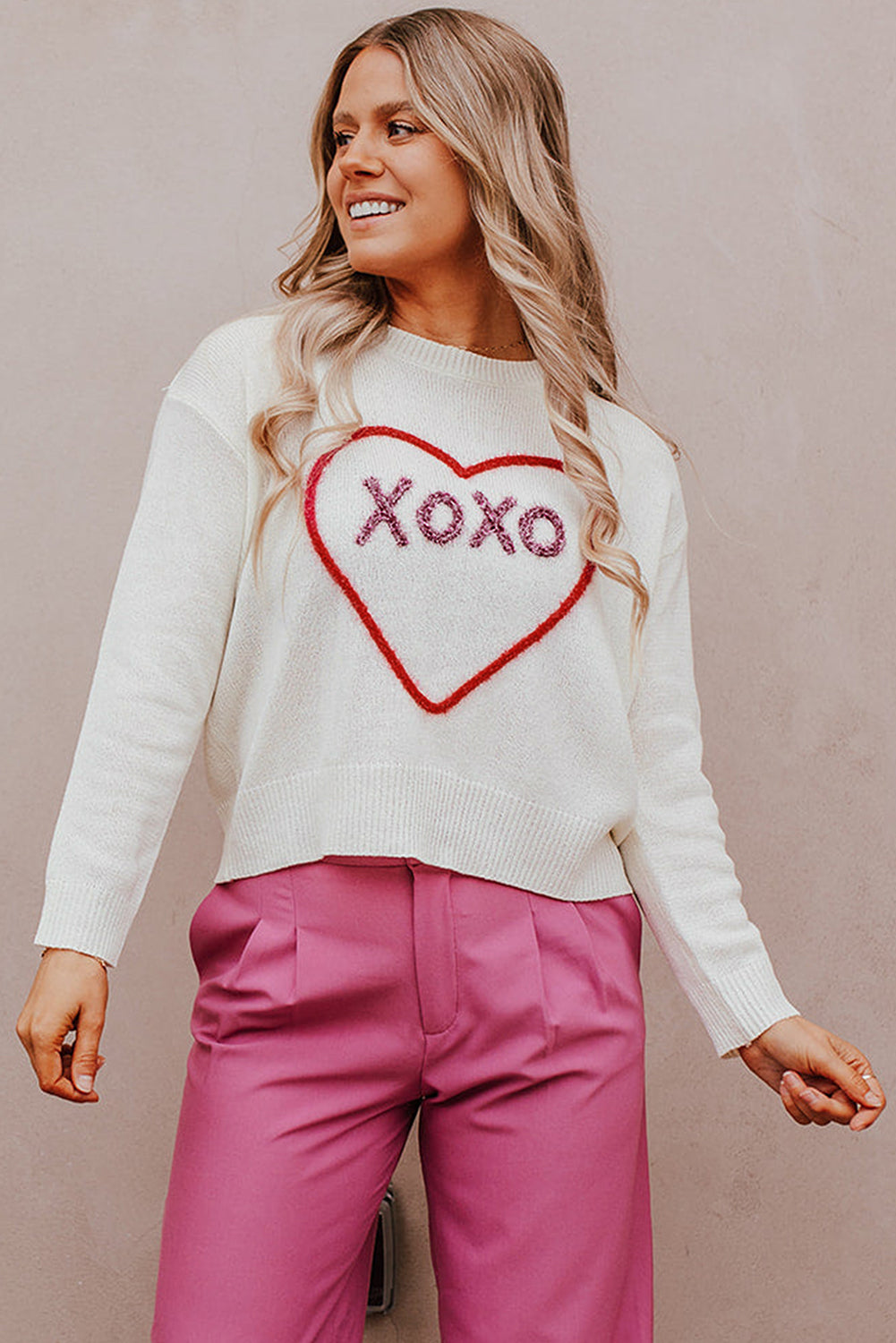 Weißes Herz Xoxo Muster Drop Schulterrippenstrickpullover