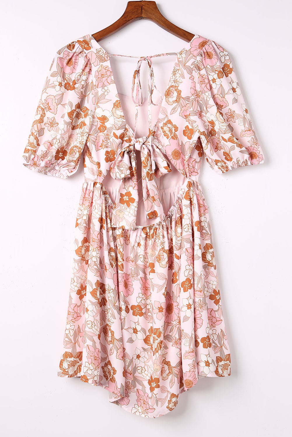 Blanc Floral Print Bow Not Backless Square Neck Mini robe