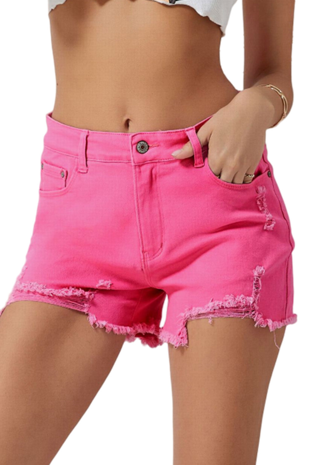 Rose Shorts en jean à taille haute de taille slim en détresse en détresse