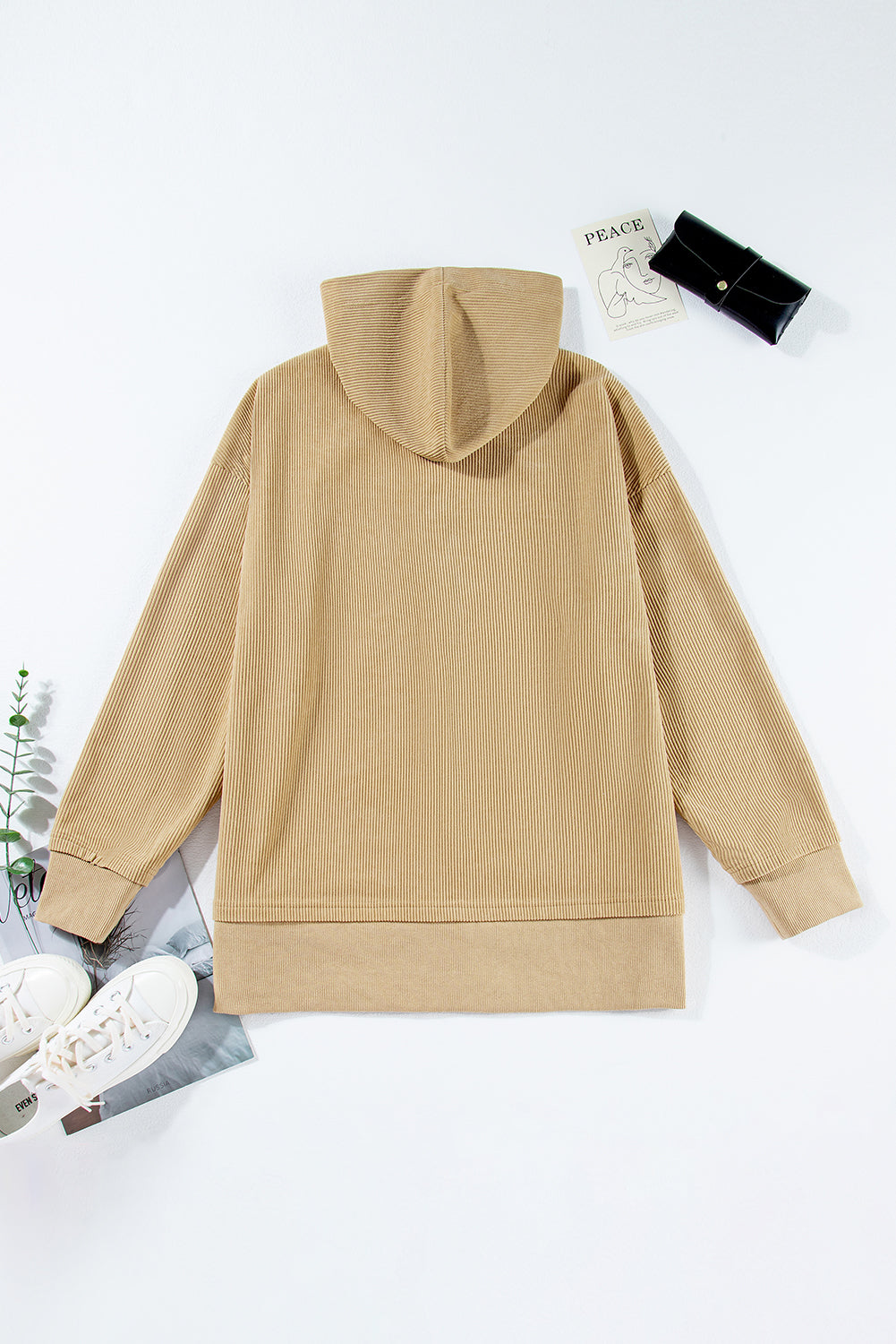 Einfach Taupe Massive gerippte Strick -Knopftropfen Schulter übergroße Hoodie