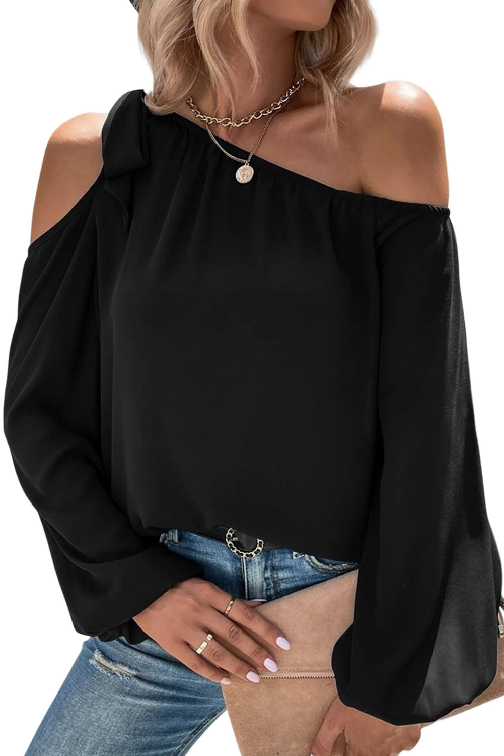 Schwarz geknotete asymmetrische Schulterbluse