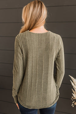 Jungle Green V-Neck Button-Up Ribbed Knit Top