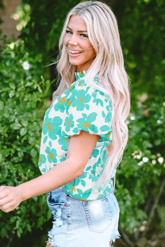 Flower green blouse with puffy sleeves *