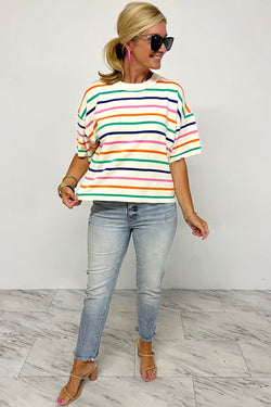 High knitted with short sleeves with beige stripes, square cut