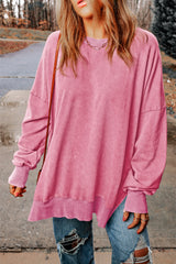 Sudadera rosa rosa con hombro caído y borde acanalado