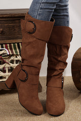 Bottes mi-mollet marron à double boucle et zip latéral, effet daim