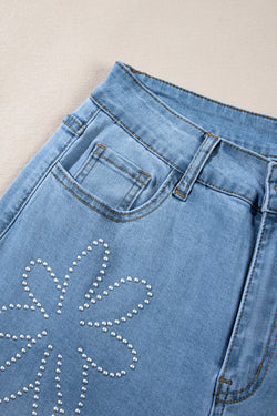 Jeans de pierna ligera de alta luz azul claro con decoración floral diamantes de imitación