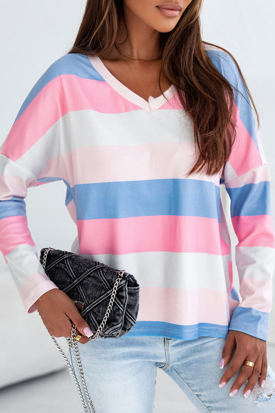 Pink Long Sleeve V-Neck Top with Contrast Stripes