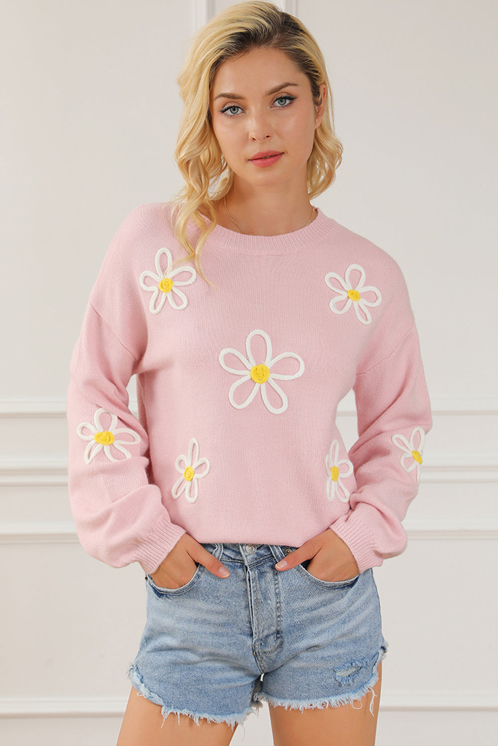 Pink chenille crew neck sweater with daisy stitching