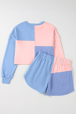 Tenue de short à manches longues en patchwork color block bleu ciel