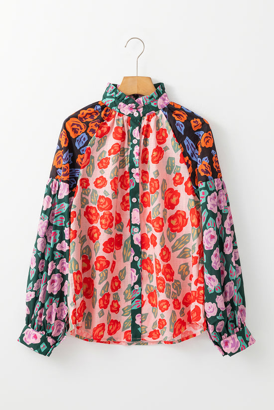 Red shirt with puffy sleeves and floral print color block