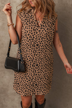 Khaki Leopard Print V-Neck Sleeveless Mini Dress