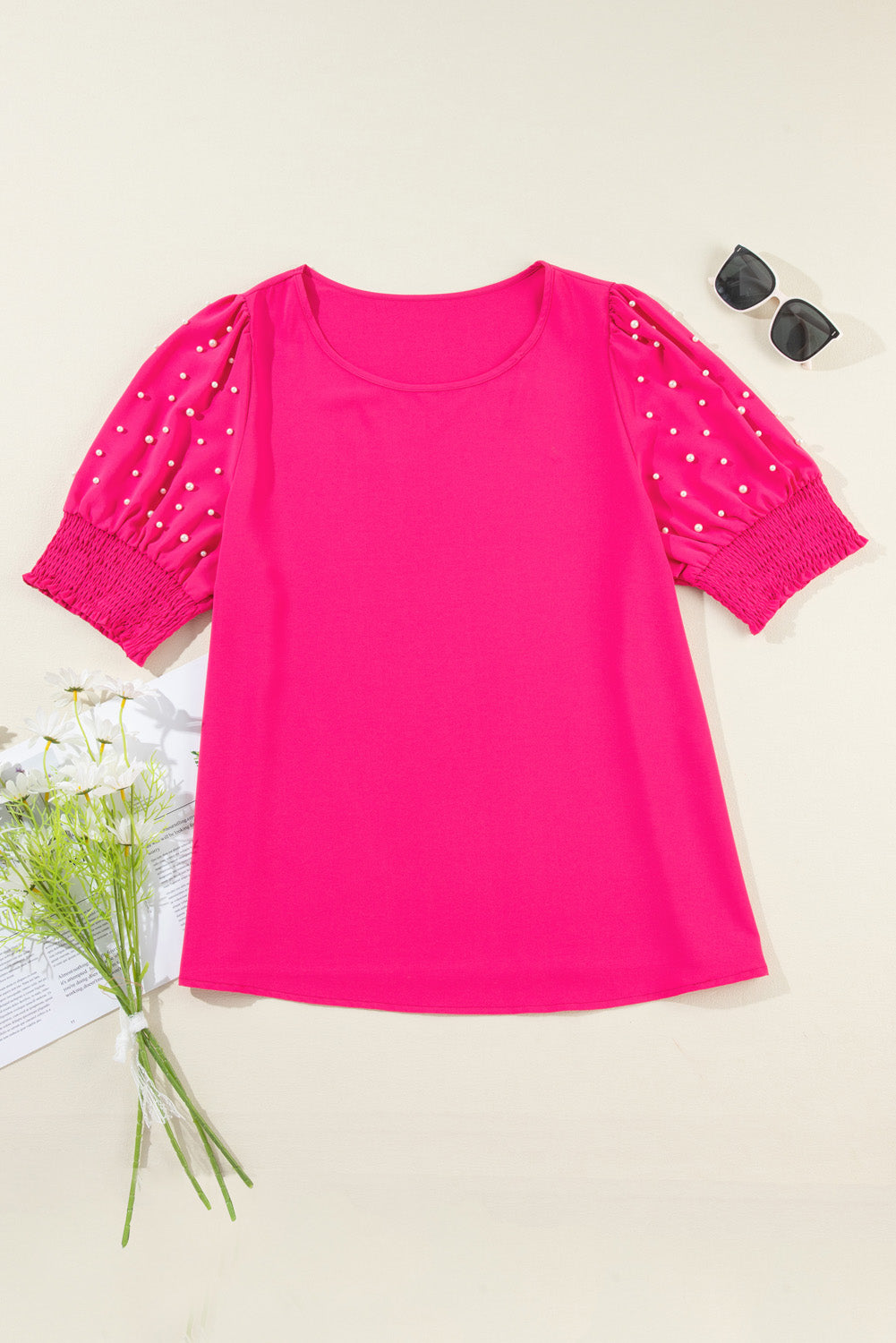 Rose Red Pearl Detail Puffhülle Plus Size Top