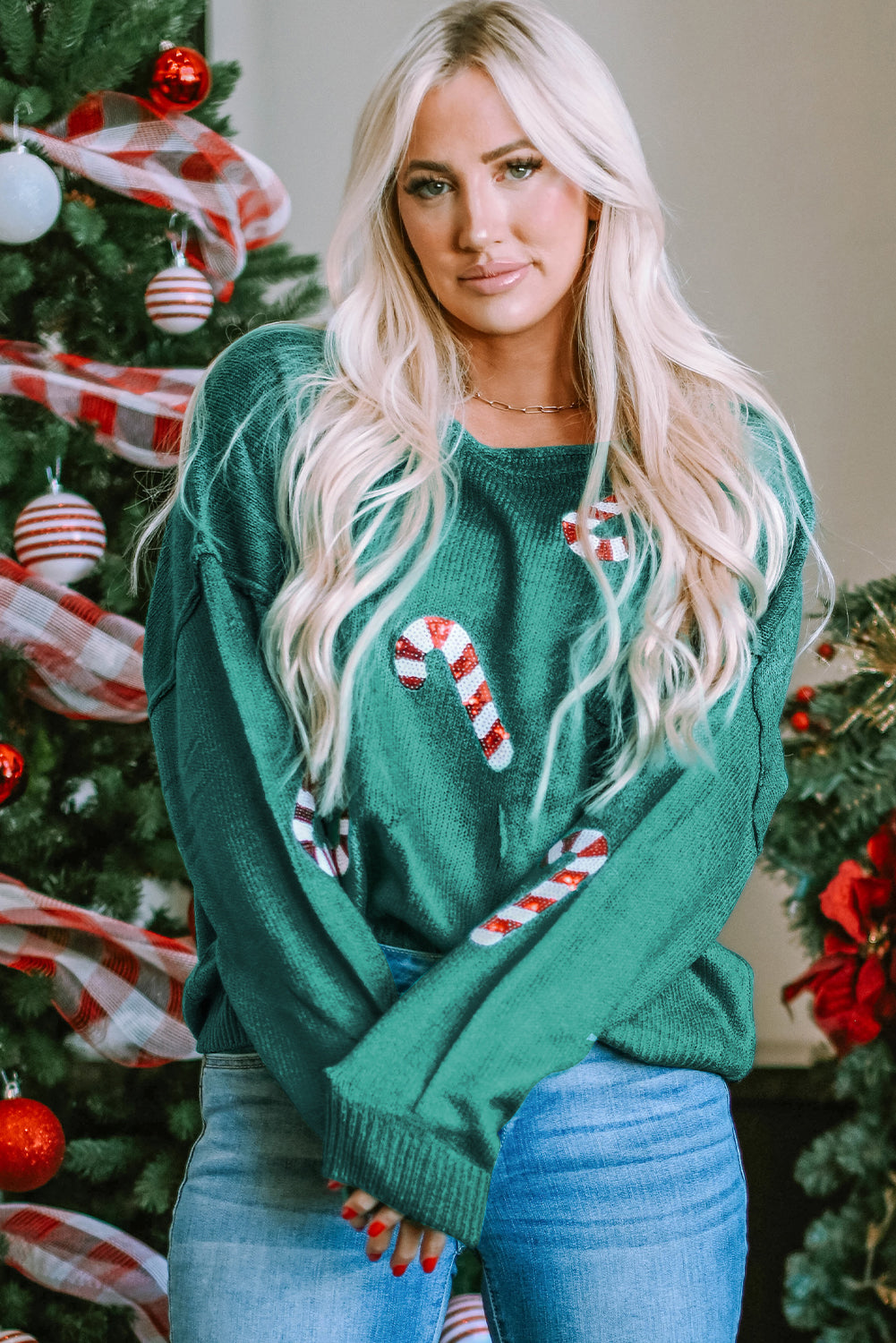 Grüne Pailletten -Candy Canes Lebkuchen Mann Pullover