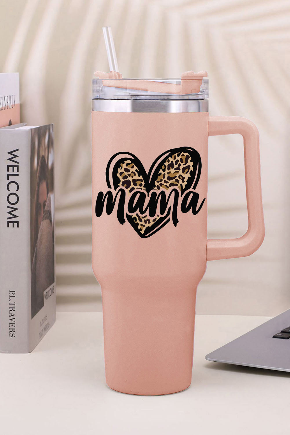 Tasse isolante en acier inoxydable en forme de cœur léopard Pink Mama 40oz