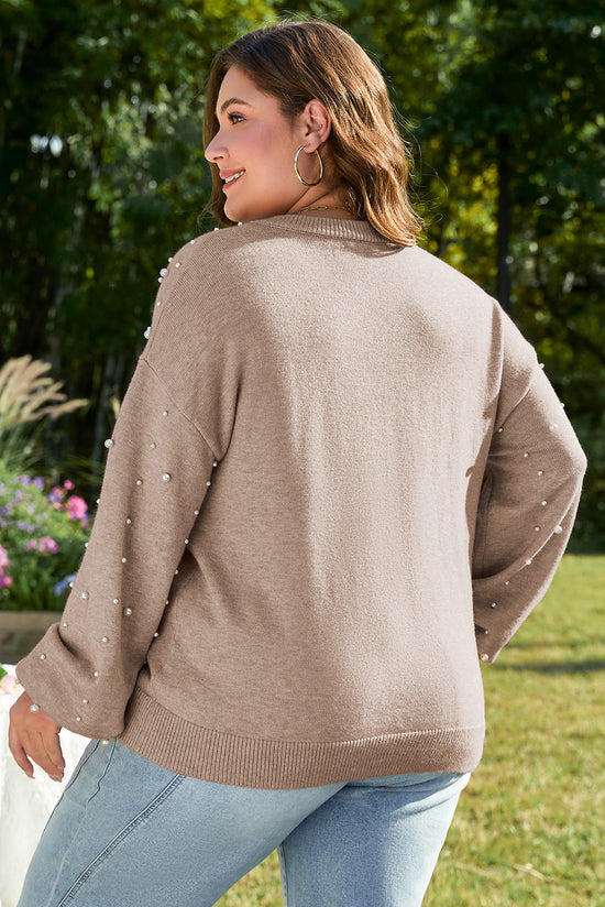 Pull gris fumée à épaules tombantes et perles, grande taille