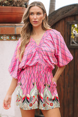 Combi-short  taille haute à imprimé géométrique cachemire rose à col en V