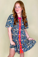 Mini-Robe buttoned bubble sleeve and abstract beige print