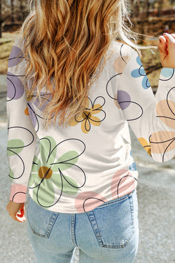 Beige long sleeve round neck t-shirt with floral print