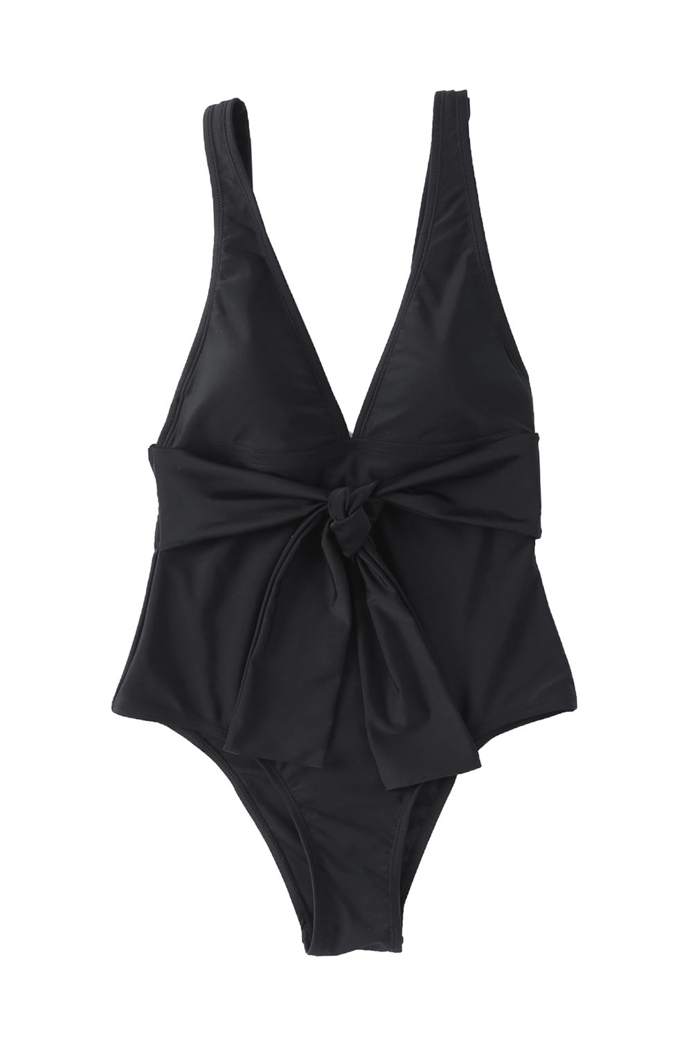 Black Deep V Neck Tie Take Taist One-Piece Swimsuit