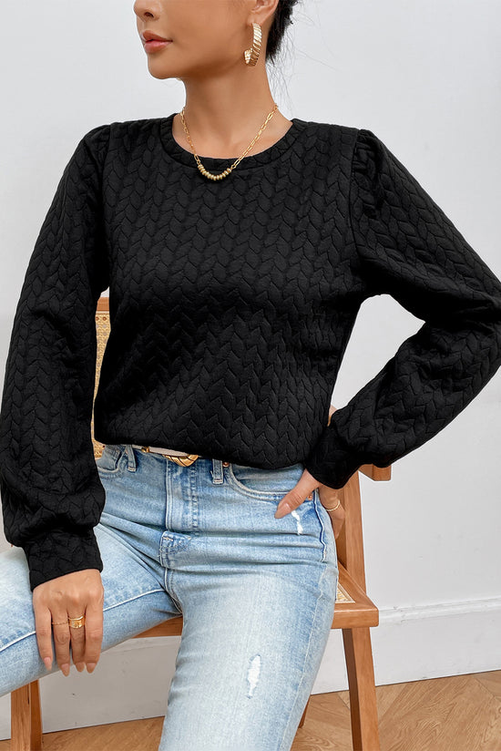 Black Textured Puff Sleeve Twist Sweatshirt