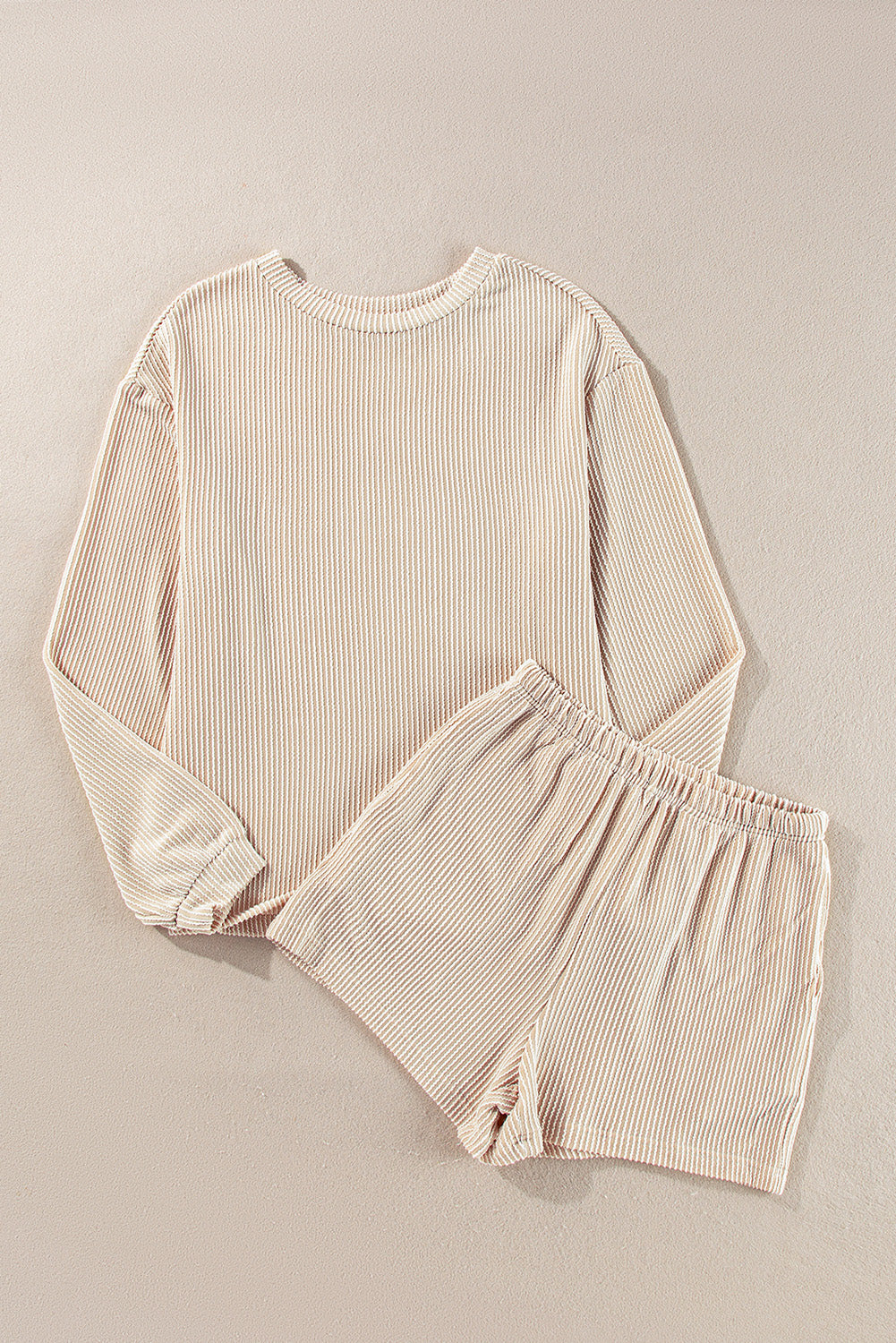 Parchment Ribbed Knit Long Sleeve Top and High Waisted Shorts Set